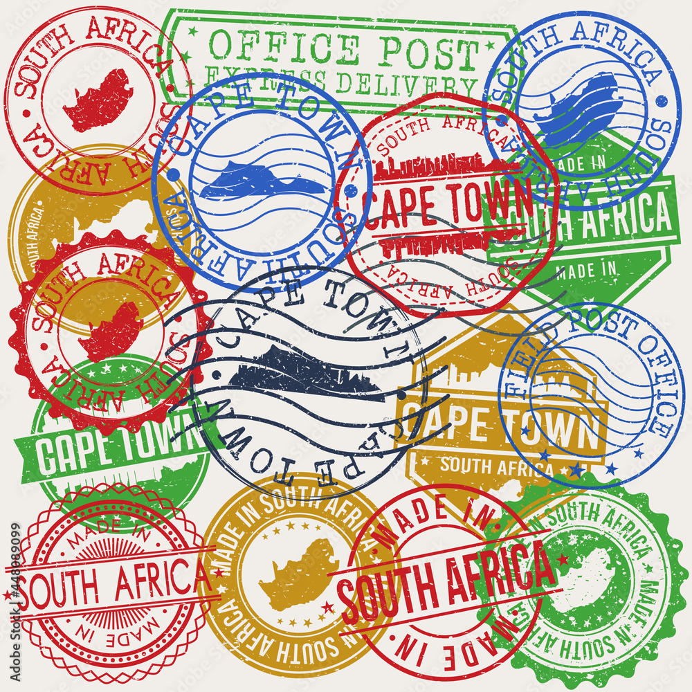 Cape Town, South Africa Set of Stamps. Travel Stamp. Made In Product. Design Seals Old Style Insignia.