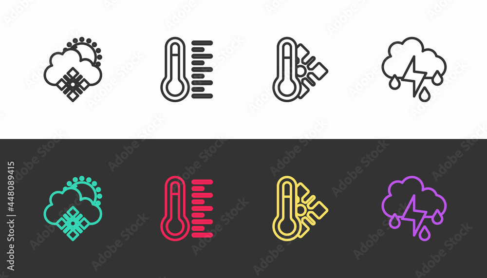 Set line Cloud with snow and sun, Meteorology thermometer, and rain lightning on black and white. Vector Set line Cloud with snow and sun, Meteorology thermometer, and rain lightning on black and white. Vector