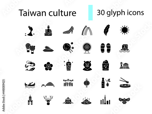 Oriental culture of Taiwan glyph icons set. Taiwanese attractions. Isolated vector stock illustration