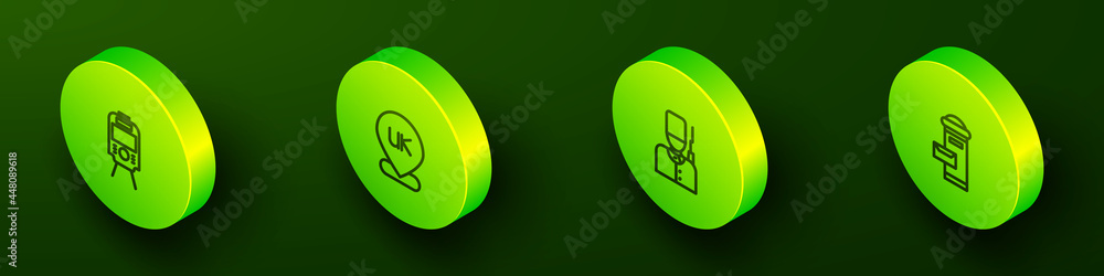 Set Isometric line Tram and railway, Location England, British soldier and London mail box icon. Vector Set Isometric line Tram and railway, Location England, British soldier and London mail box icon. Vector