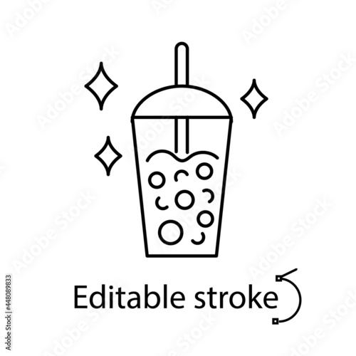 Milk bubble tea outline icon. Taiwanese popular drink. Editable stroke. Isolated vector stock illustration