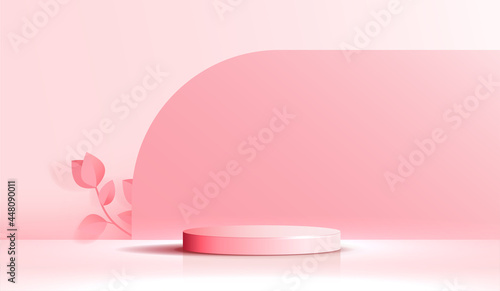 Cosmetic pink background and premium podium display for product presentation branding and packaging. studio stage with cloud and leaf on background. vector design © TripleP Studio