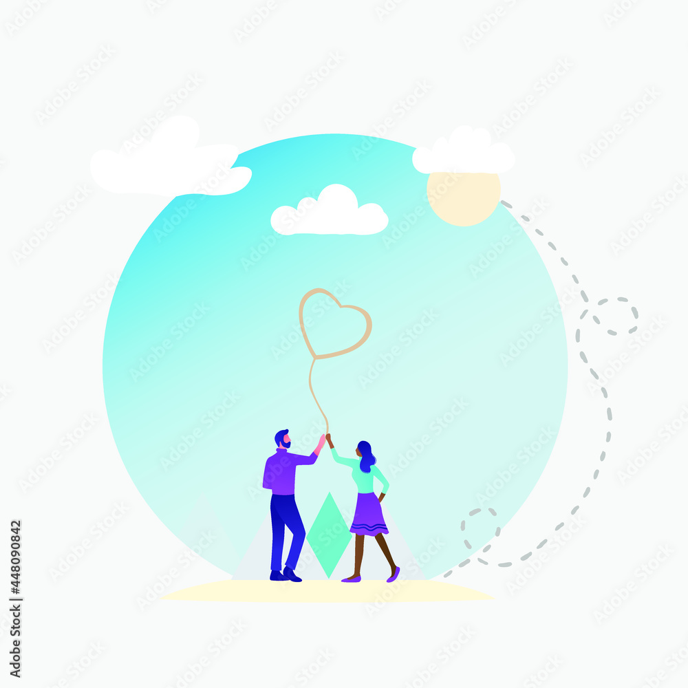 Vector illustration of a couple with pink heart in hand. Love concept, Valentine's day background. Vector illustration. Wallpaper, invitation, posters.