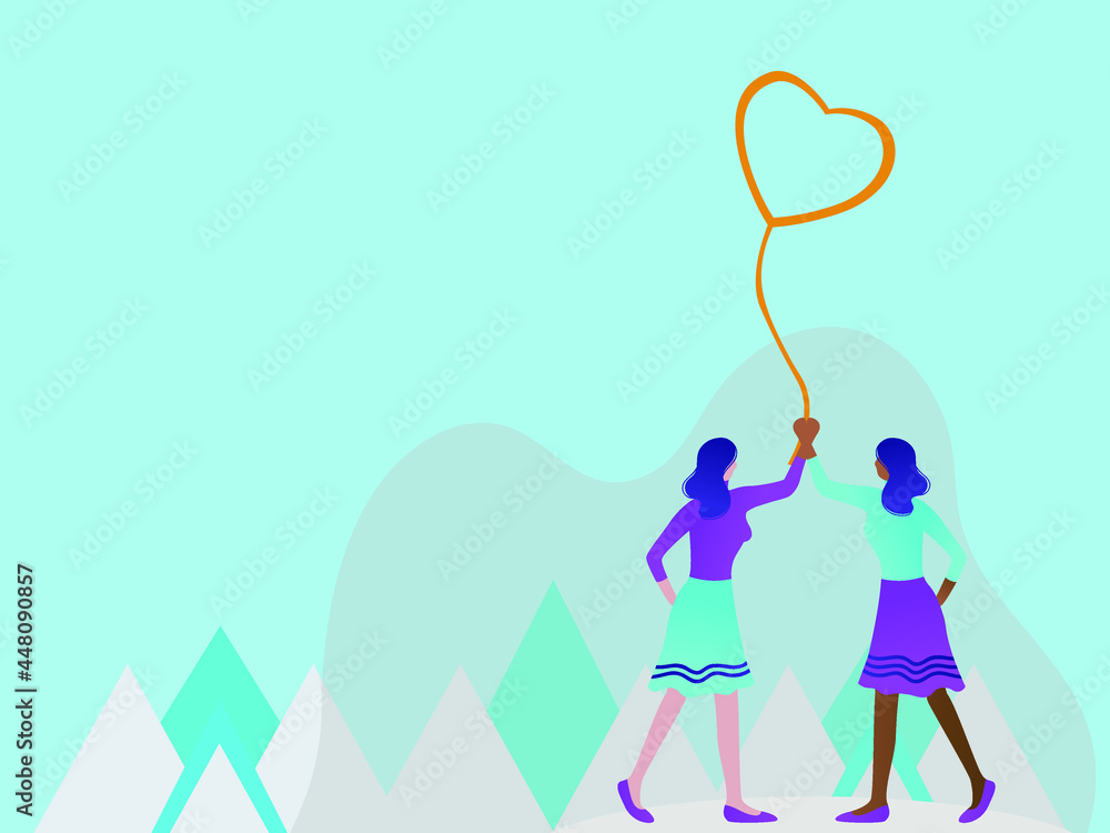 Vector illustration of a lesbian couple with pink heart in hand. Love concept, Valentine's day background. Vector illustration. Wallpaper, invitation, posters. Vector illustration of a lesbian couple with pink heart in hand. Love concept, Valentine's day background. Vector illustration. Wallpaper, invitation, posters.