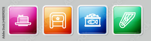 Set line Medovik, Ushanka, Tin can with caviar and Kankles. Colorful square button. Vector