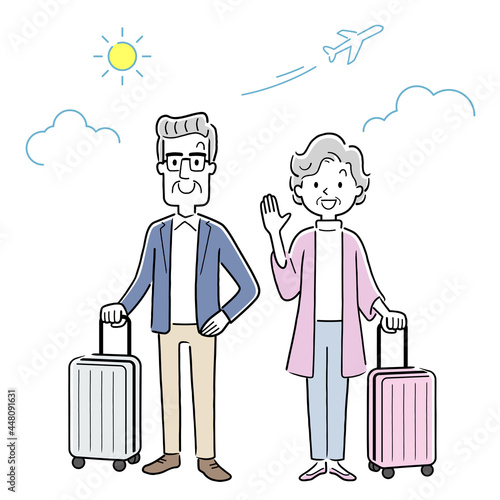 ベクターイラスト素材：旅行へ出かけるシニア、老夫婦
