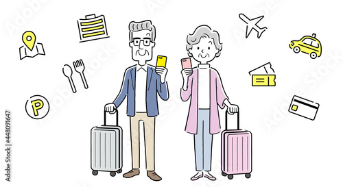 ベクターイラスト素材：旅行先でスマホのアプリを活用するシニア男性とシニア女性
