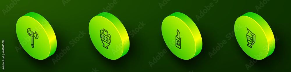 Set Isometric line Medieval axe, Ancient amphorae, Bottle of wine and icon. Vector
