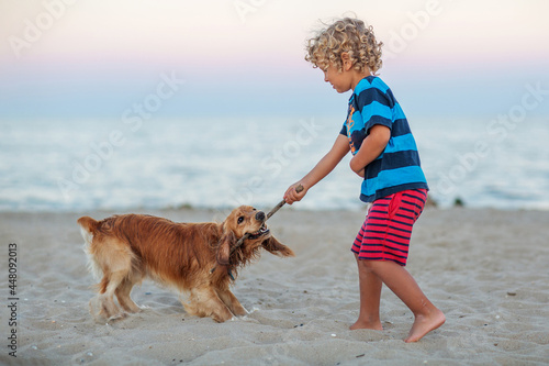 Curly boy playing with a dog by the sea