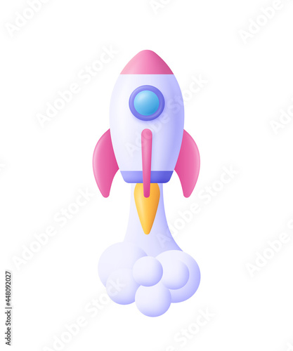 3d cartoon style minimal spaceship rocket icon. Toy rocket upswing ,spewing smoke. Startup, space, business concept.