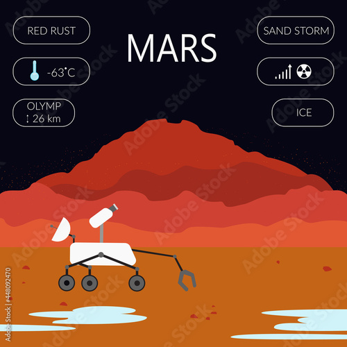 Exploration of Mars. Colorful vector illustration of Olympus volcano and rover. The picture is supplemented with facts about Mars.