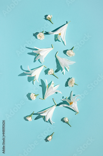Creative summer composition made of beautiful white lily and rose flowers on pastel mint background with shadows. Nature concept. Top view. Flat lay