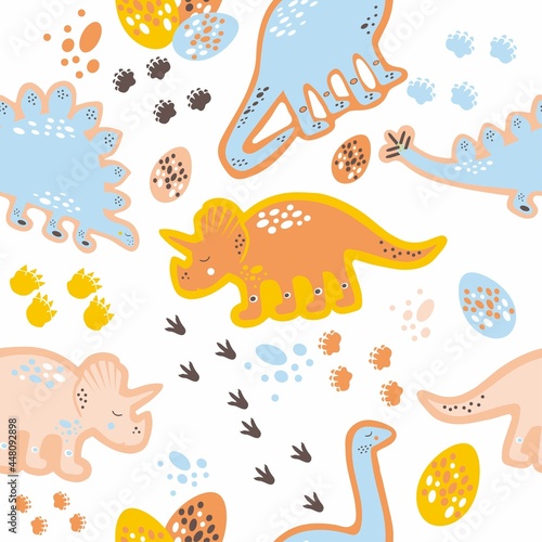 Vector cute dinosaurs seamless pattern. Dinosaur eggs and footprints childish repeating pattern. Design for printing on children's clothing, textiles, wallpaper, paper, packaging. 