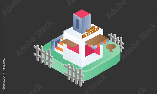 Isometric aesthetic cafe with 3d green podium, sale concept design background, vector illustration