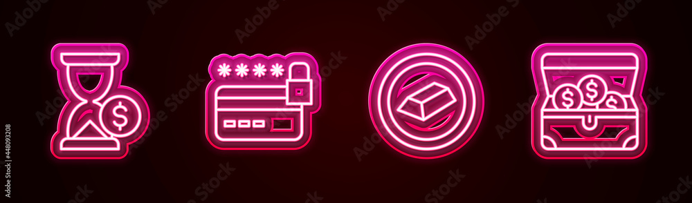 Fototapeta premium Set line Hourglass with dollar, Credit card lock, Gold bars and Treasure chest. Glowing neon icon. Vector