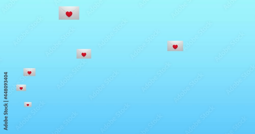 Digital animation of red heart icon on message icon floating against blue background Digital animation of red heart icon on message icon floating against blue background