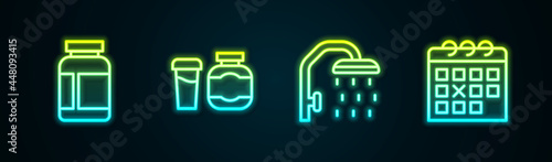 Set line Sports nutrition, , Shower head and Calendar fitness. Glowing neon icon. Vector