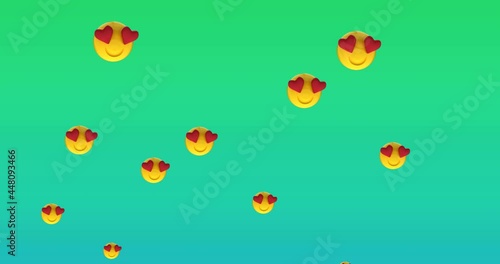 Wallpaper Mural Digital animation of multiple heart eyes face emojis floating against green gradient background Torontodigital.ca