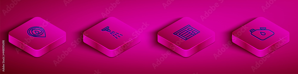 Set Isometric line Location with fire flame, Fire sprinkler, Building of station and Canister fuel icon. Vector Set Isometric line Location with fire flame, Fire sprinkler, Building of station and Canister fuel icon. Vector
