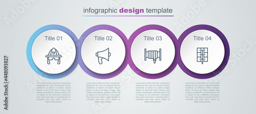 Set line Firefighter helmet, Megaphone, hose reel and Evacuation plan. Business infographic template. Vector