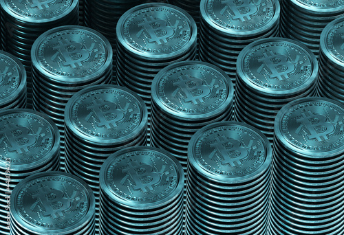 stacks of blue bitcoins. Placed on table. 3d render