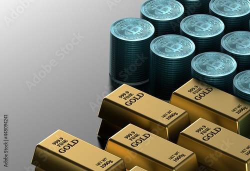 a bunch of gold bars and a bunch of bitcoins. Placed on table. 3d render