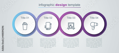 Set line Bucket with soap suds, Electric boiler, Washbasin mirror and Hair dryer. Business infographic template. Vector