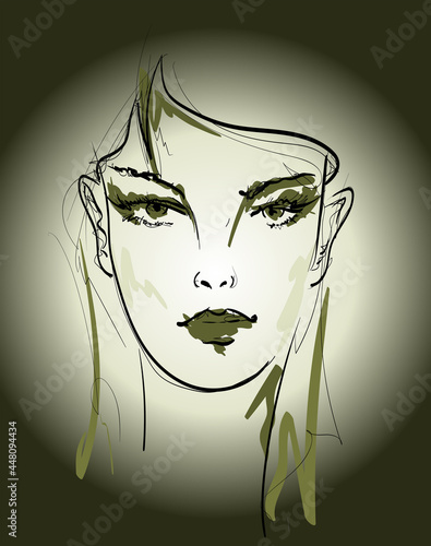 Hand-drawn face of a beautiful young woman. Fashion. Beautiful face of a woman. Girl poster. Sexy white model