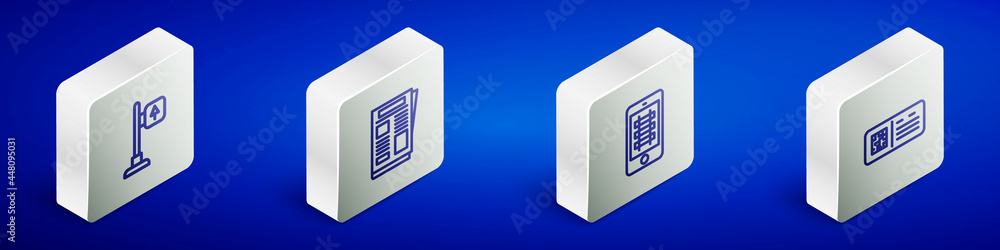 Set Isometric line Road traffic signpost, News, Buy train ticket online and QR code icon. Vector Set Isometric line Road traffic signpost, News, Buy train ticket online and QR code icon. Vector