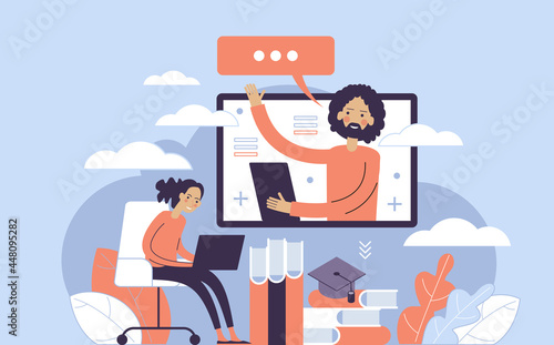 Webinar, Digital classroom, Online teaching, Internet classes. Online learning metaphors. Educational webinar. Online teacher. Digital class. Graphic elements set.