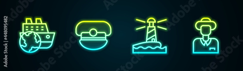 Set line Cruise ship, Captain hat, Lighthouse and Tourist. Glowing neon icon. Vector
