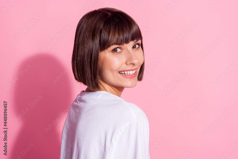 Profile side view portrait of attractive cheerful brown-haired girl posing beauty isolated over pink pastel color background Profile side view portrait of attractive cheerful brown-haired girl posing beauty isolated over pink pastel color background