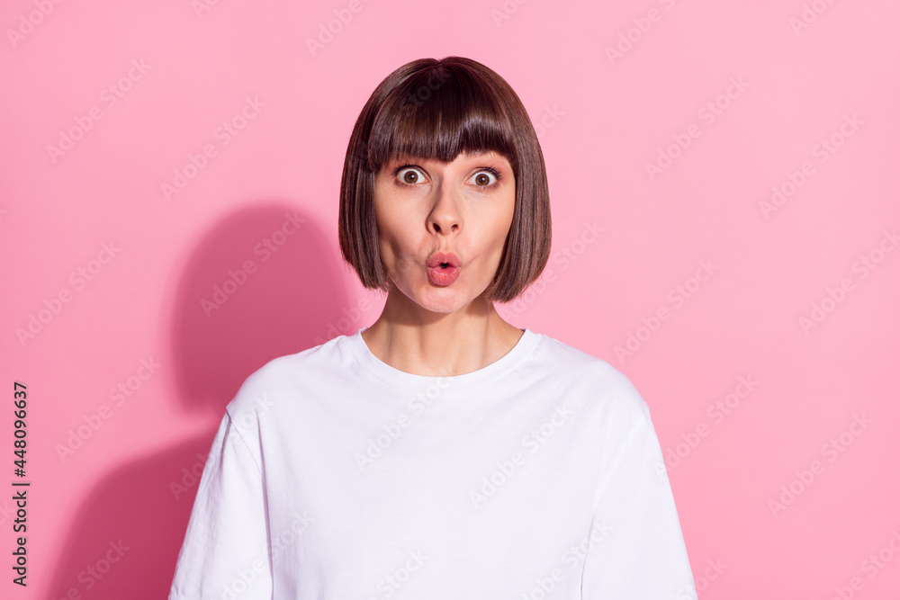 Portrait of charming amazed girl wearing white tshirt sudden news reaction pout lips isolated over pink pastel color background Portrait of charming amazed girl wearing white tshirt sudden news reaction pout lips isolated over pink pastel color background