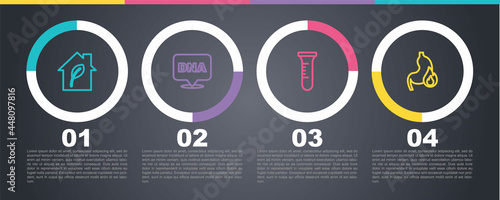 Set line Eco friendly house, DNA symbol, Test tube and flask and Stomach heartburn. Business infographic template. Vector