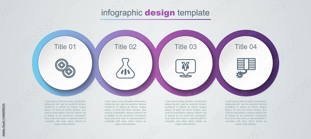 Set line Chinese Yuan currency, Dumpling, and Firework. Business infographic template. Vector Set line Chinese Yuan currency, Dumpling, and Firework. Business infographic template. Vector