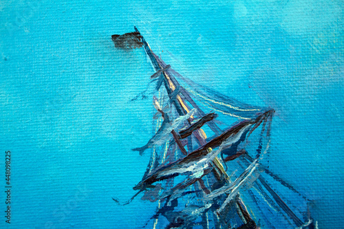 Obraz na płótnie Black pirate ship at sea painted on canvas with oil paints creative background f