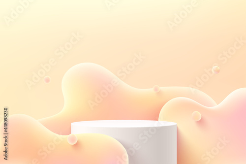 Abstract 3D white cylinder pedestal or stand podium with yellow, pink color fluid liquid backdrop. Pastel yellow minimal wall scene for product display presentation. Vector rendering platform design.