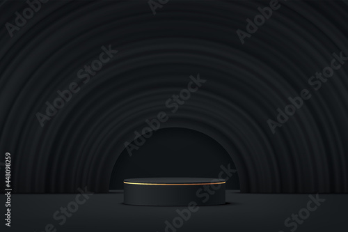 Abstract 3D black and gold cylinder pedestal podium with black semi circle fabric wave texture backround. Luxury black friday sale scene for product display presentation. Vector rendering platform.