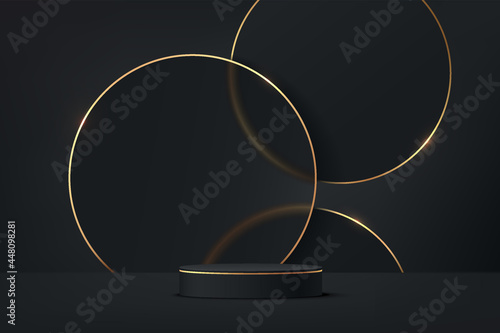 Abstract 3D black cylinder pedestal podium and glass black circle with gold border overlap layers backdrop. Luxury dark minimal scene for product display presentation. Vector rendering platform design