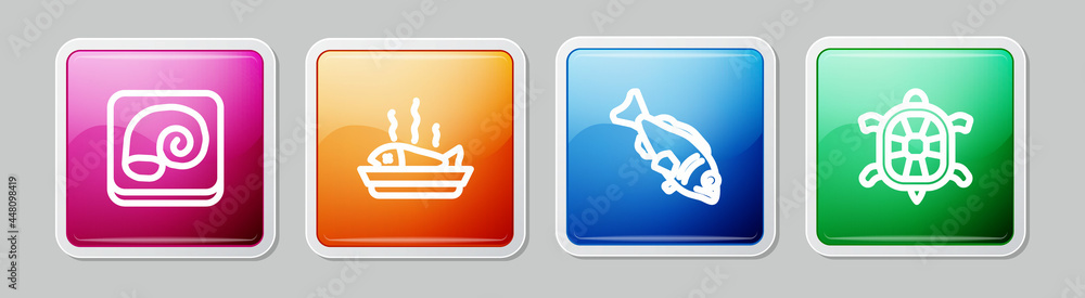 Set line Octopus on a plate, Served fish, Fish and Turtle. Colorful square button. Vector Set line Octopus on a plate, Served fish, Fish and Turtle. Colorful square button. Vector