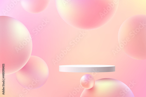 Abstract 3D white cylinder pedestal podium floating on the air with yellow, pink sphere ball. Pastel minimal wall scene for product display presentation. Vector rendering geometric platform design.