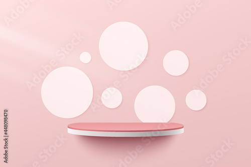 Abstract 3d white and pink semi circle shelf or podium with white polka dot on soft pink color minimal wall scene. Vector rendering geometric shape for cosmetic product display presentation.