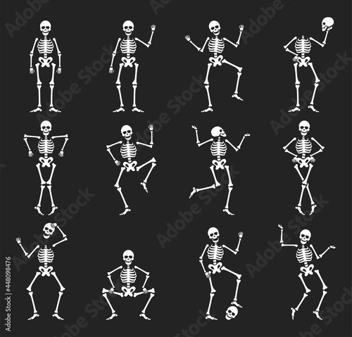 Set of funny halloween skeleton vector flat illustration creepy characters with skull and bones