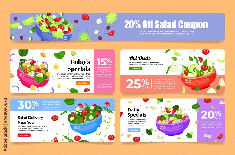Collection of advertising coupon hot deal salad vector flat illustration horizontal discount flyer