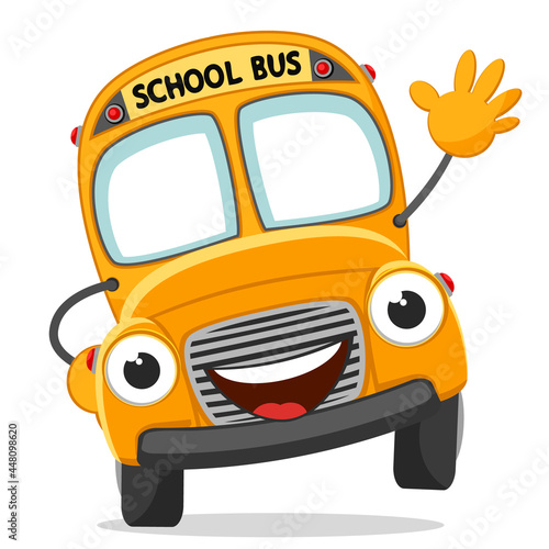 School bus waving hand. Character yellow bus
