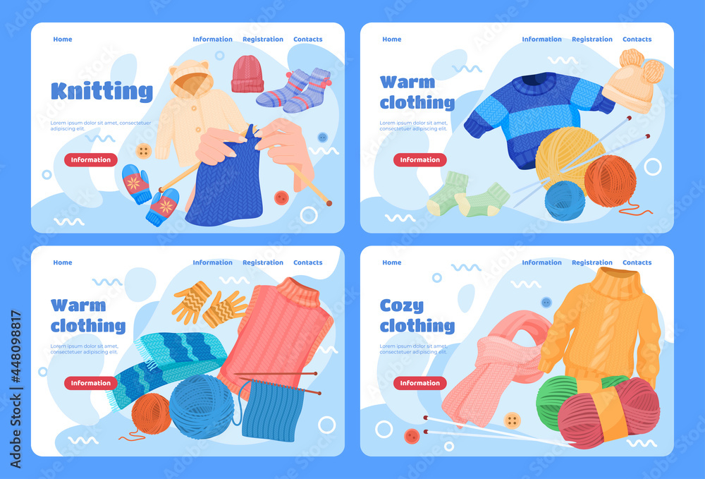Set knitted handmade clothes store landing page vector illustration. Promo workshop of wool knitting