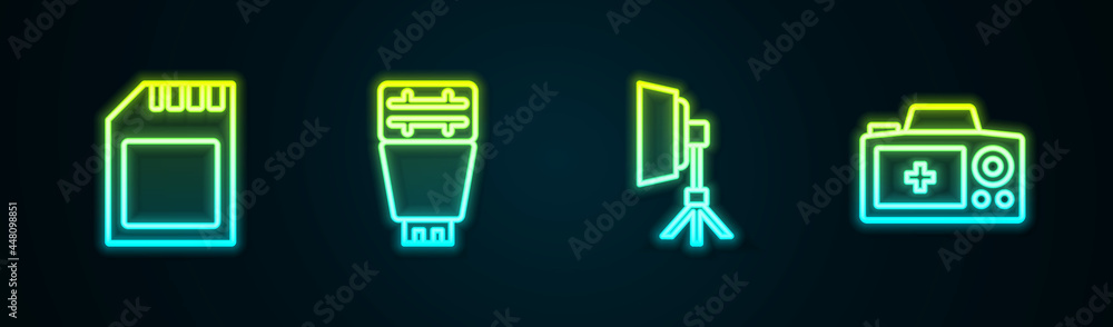 Set line SD card, Photo camera flash, Softbox light and . Glowing neon icon. Vector Set line SD card, Photo camera flash, Softbox light and . Glowing neon icon. Vector