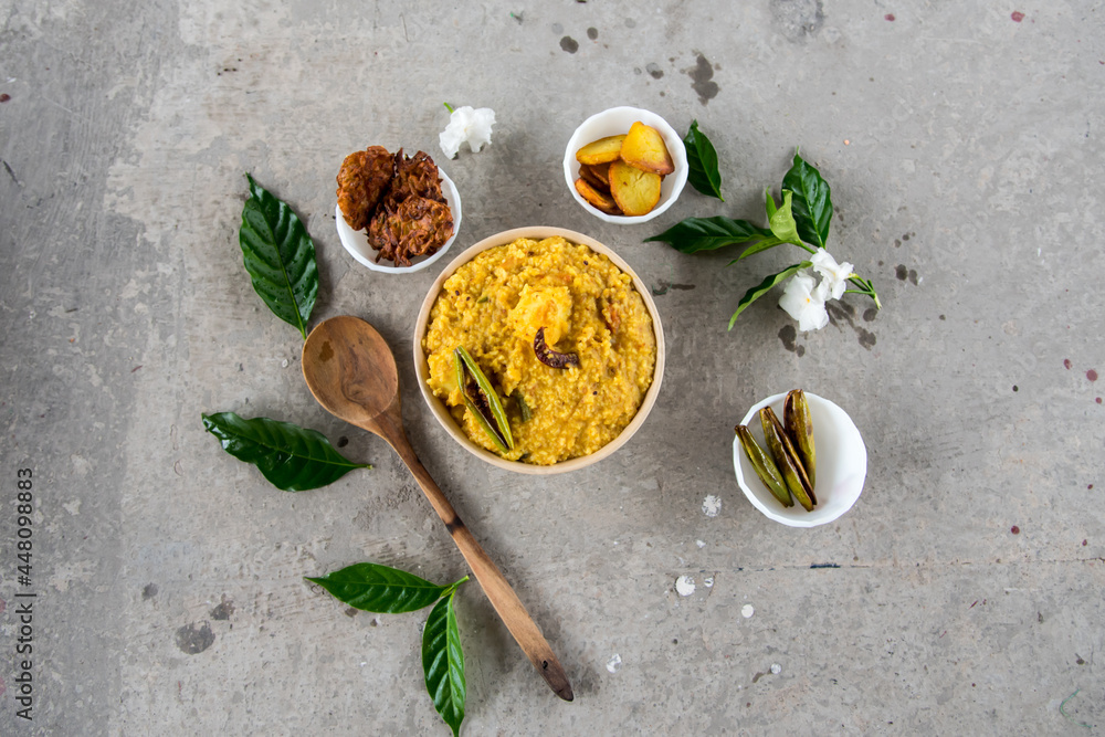 Top view of Bengali dish khichdi or khichuri made from a combination of