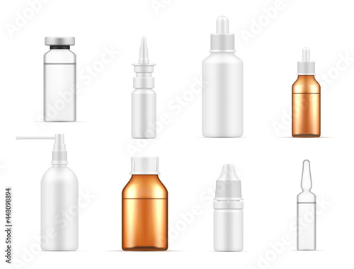 Collection of realistic medical plastic and glass bottle vector illustration dropper containers