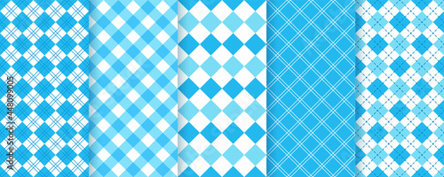 Lozenge checkered seamless pattern. Argyle diamond backgrounds. Set blue rhombus plaid prints. Vector illustration. Bavarian Oktoberfest textures. Modern geometric backdrop.